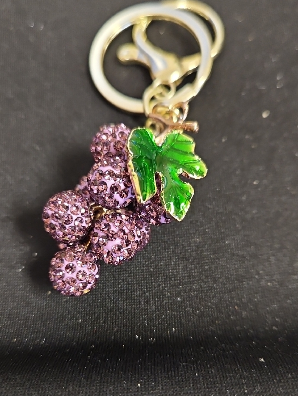 Sparkling Purple Grape Charm Keychain with Green Leaf